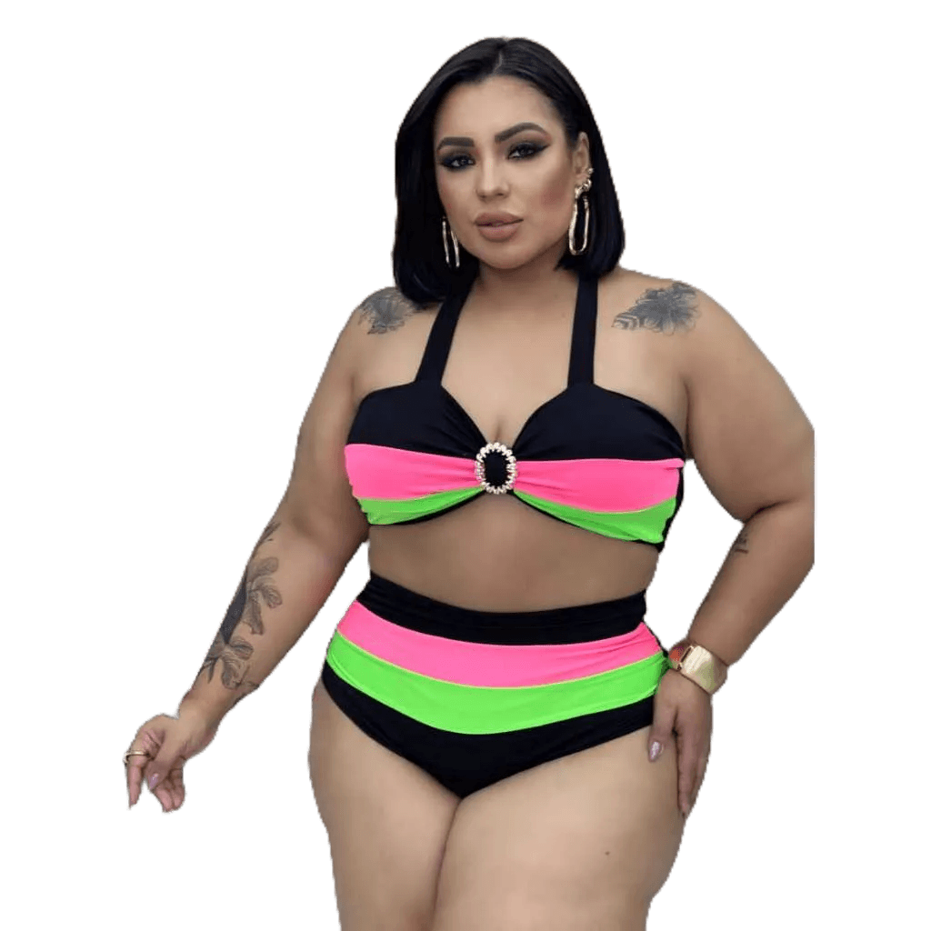 Biquíni Plus Size, Hot Pant, Cintura Alta, Suplex G1, Veste 48-52, Neon