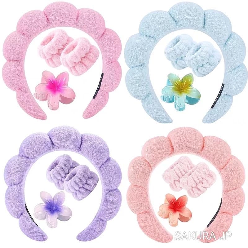 KIT 4 PCS Acessórios de Skincare Spa Feminino - Tiara Nuvem, Faixa de Pulso, Presilha de Flor LL4440A