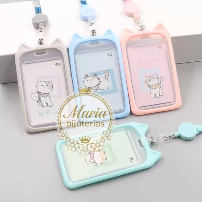 Porta cartão crachá com cordão Orelha de Gato e Urso Suporte de plástico para cartão retrátil