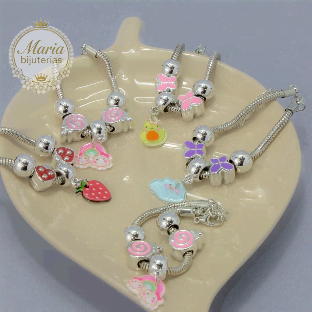 kit 1/3/6 Pulseira  infantil Prateada com Pingente boneca/fruta/animal tipo