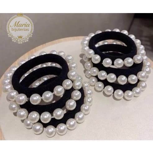 KIT 24 Elástico de cabelo Com Pérolas branco/preto acessorios xuxinha para cabelo Rabico de cabelo