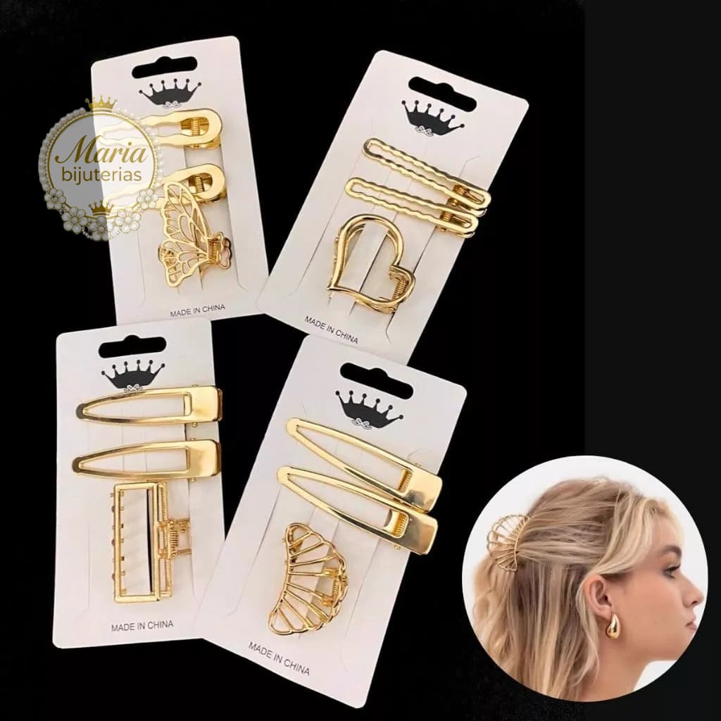 Kit 3 Presilhas de Cabelo Liga de Metal Dourado