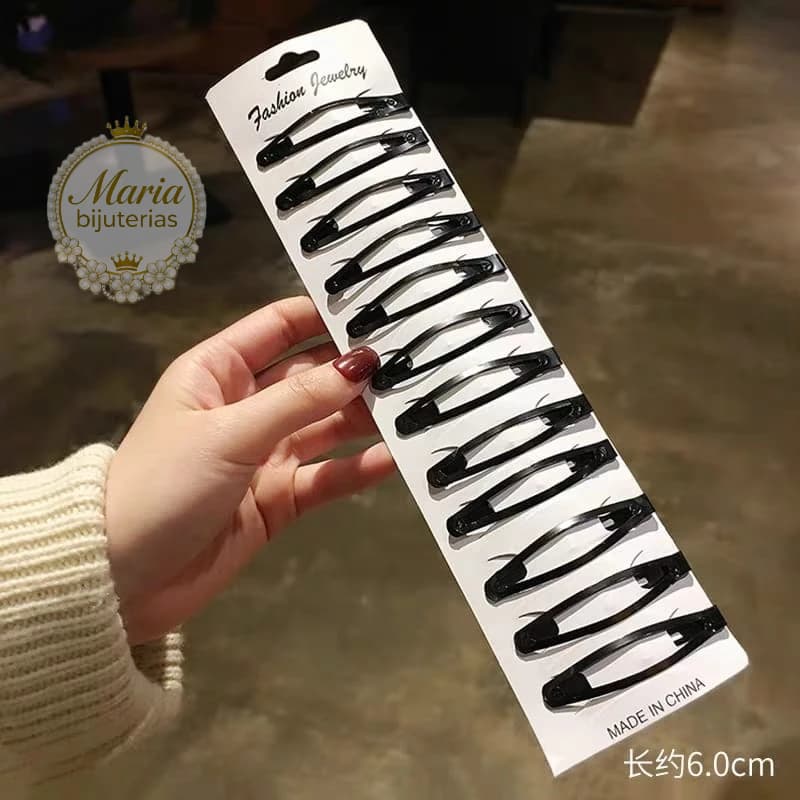 Kit 12 Presilha De Cabelo Tic Tac Slim Preto Tamanho Grande Cartela