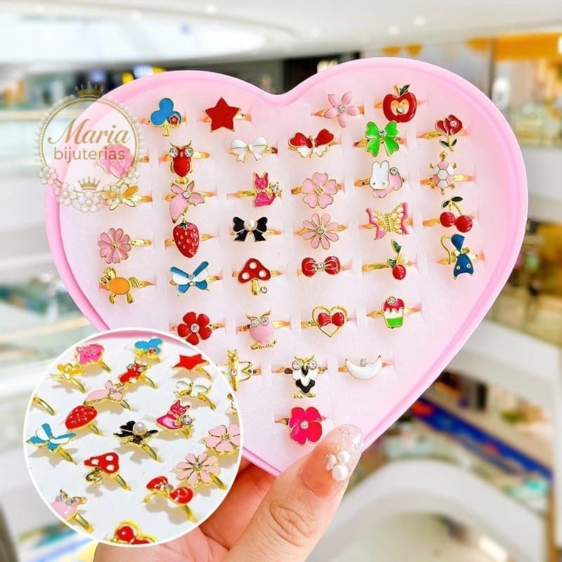 Kit 12/24/36 Anéis Infantil Menina + Caixa Coração / Ajustável Sortidos