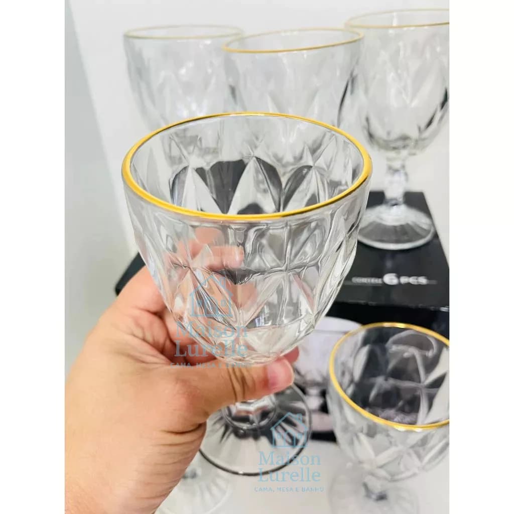 Jogo 6 Taças Borda Dourada de Vidro Diamond Elegancia – 340ml