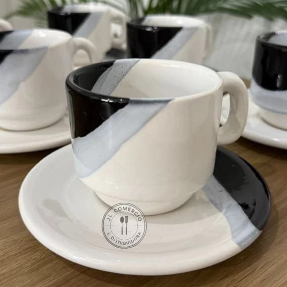 Jogo de Xicara chá café com pires 200ml 12 peças Ceramica