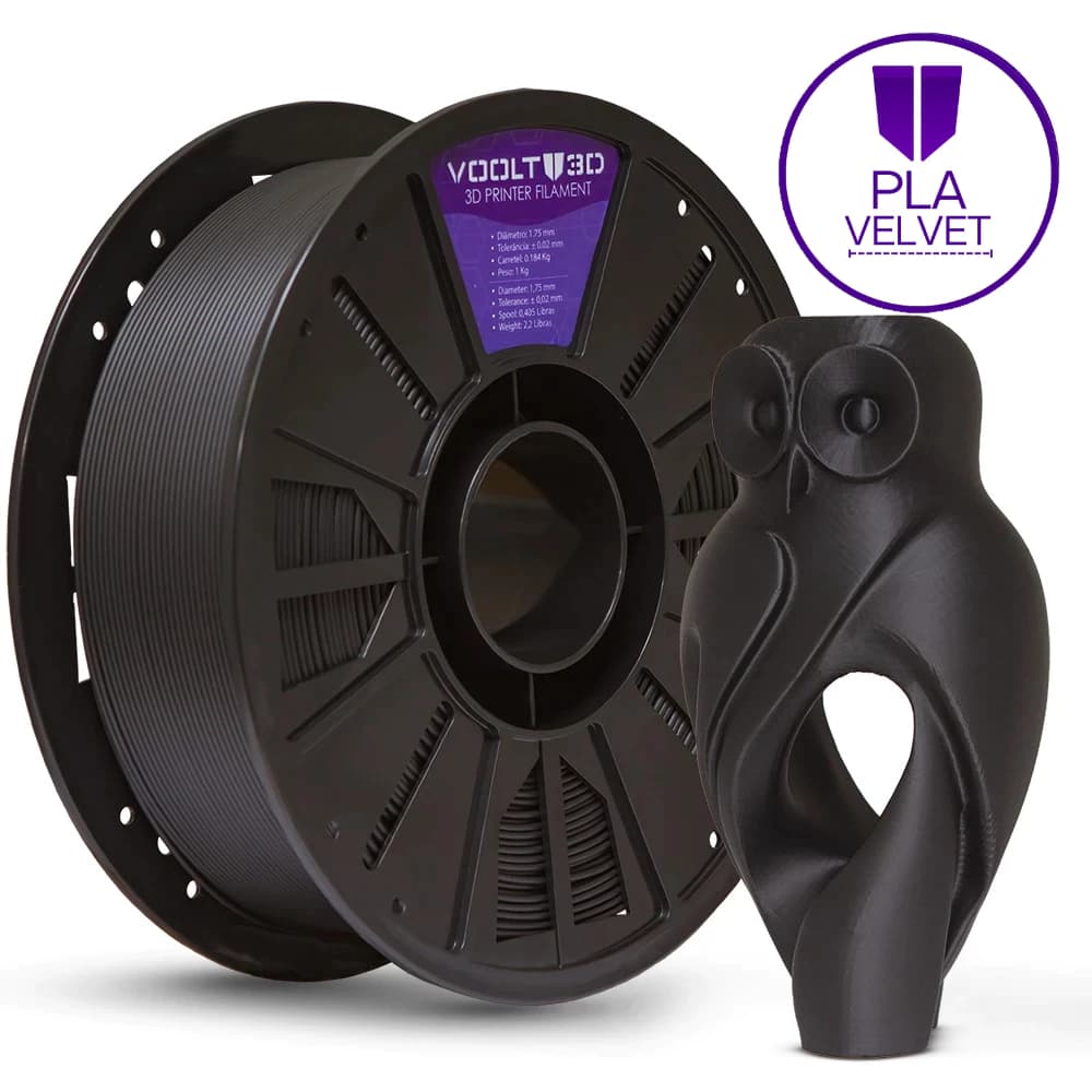 Filamento PLA Preto Velvet Premium 1Kg 1,75mm Efeito Aveludado Impressora 3D FDM Voolt3D Oficial