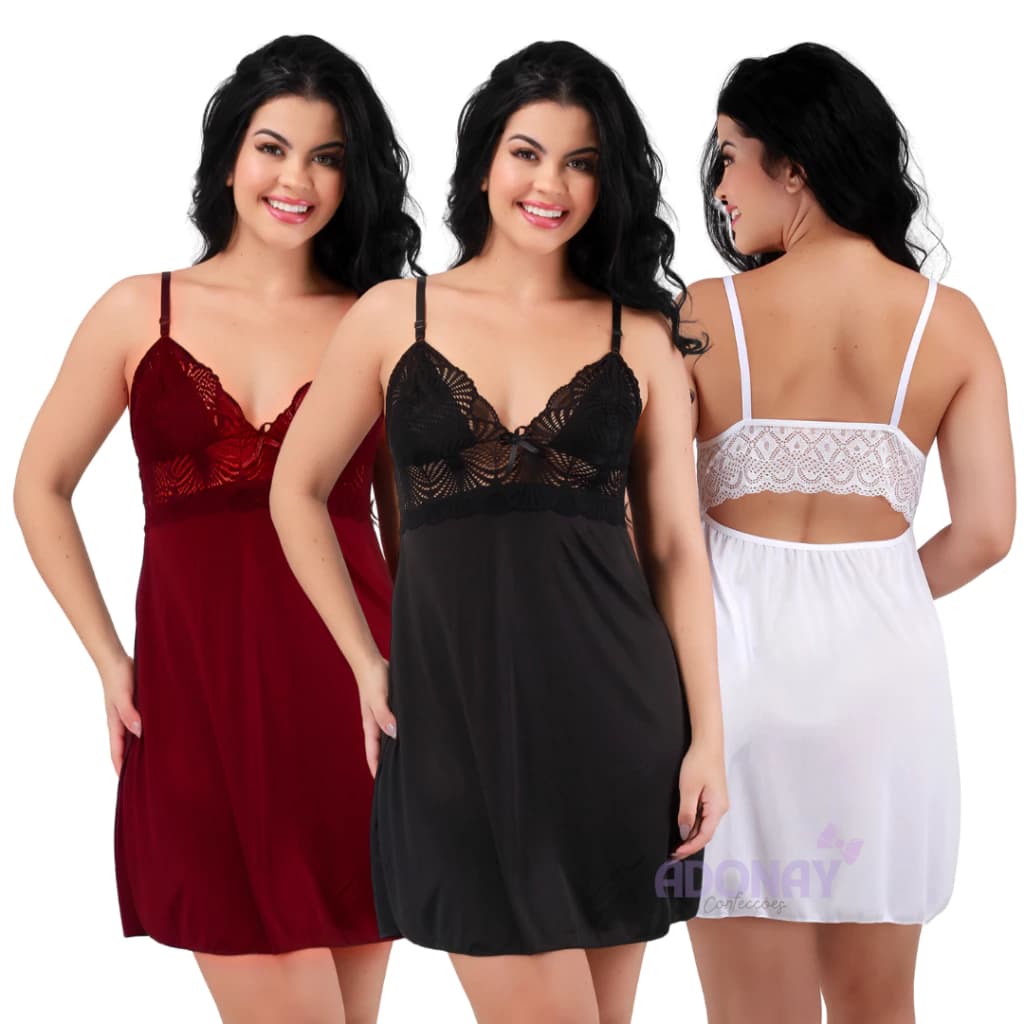 Kit 3 Camisola Sexy de Renda Com Calcinha Sensual Feminina Camisola de Renda Sensual Lingerie Sexy