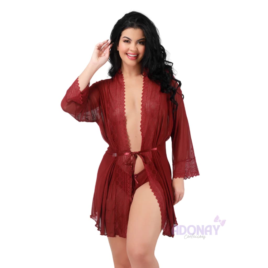 Robe de Tule Com Detalhes em Renda Transparente e Calcinha Sexy Para Noite Robe Lingerie Sensual