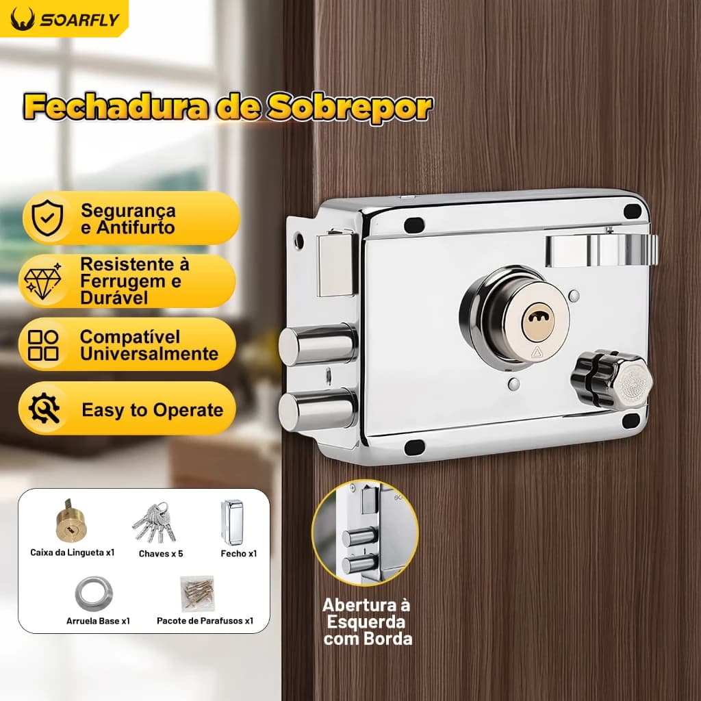 Fechadura Sobrepor Cromada com Trava Dupla e 05 Cópias de Chaves para Portão e Porta