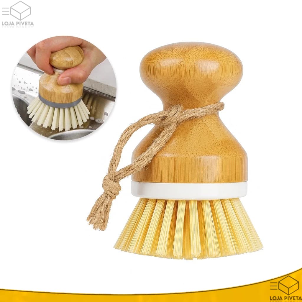 Escova de Mão Compacta Com Cabo Pega de Bambu Redonda Cerdas Resistentes Ecológica