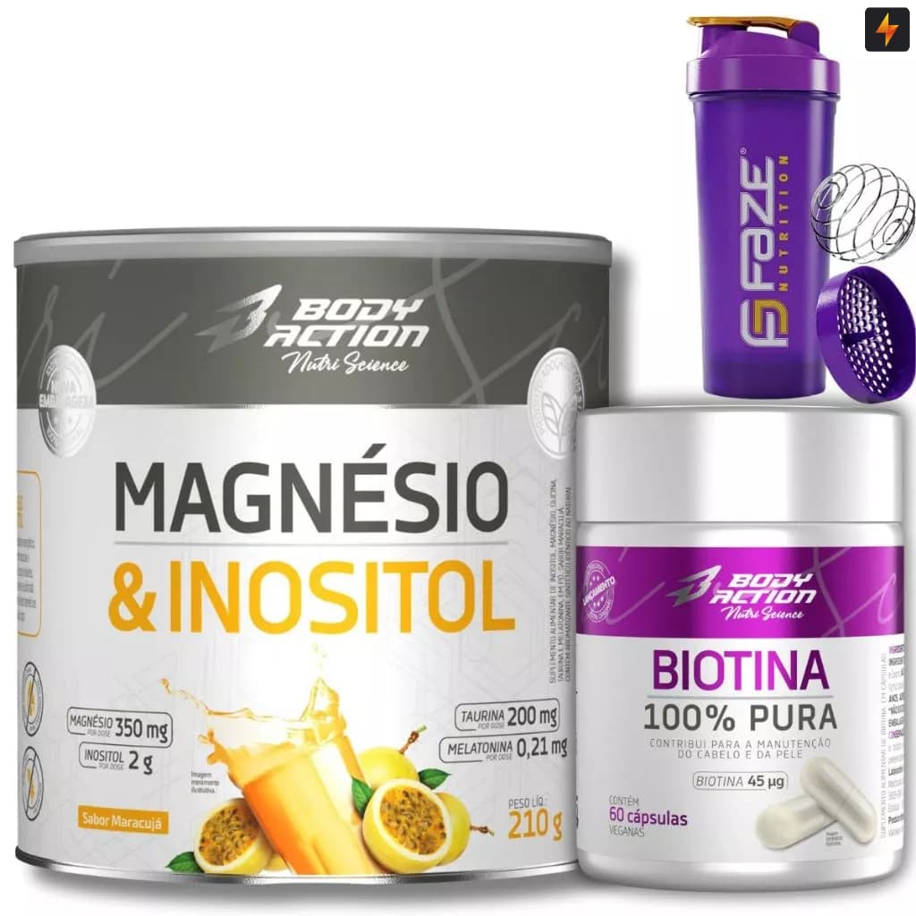 Kit Magnésio e Inositol 210g + Biotina 60 Cápsulas Body Action + Coqueteleira