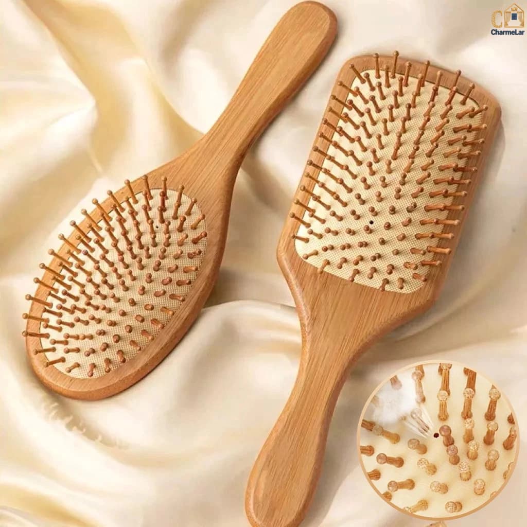 Escova Raquete Almofadada De Bambu Natural Cerdas de Bambu Antiestática