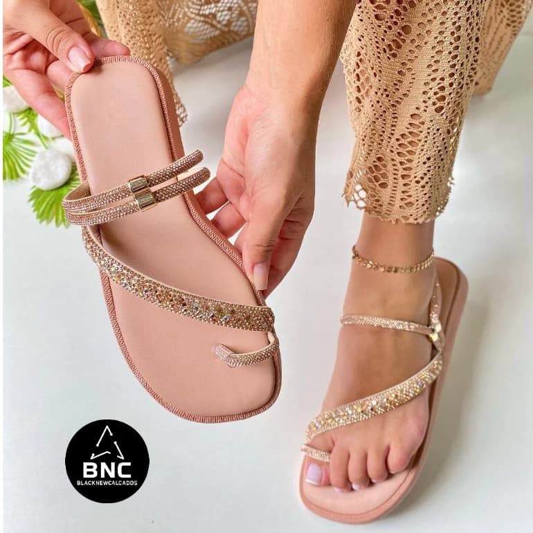 Rasteirinha Feminina Papete Dedo Com Strass Colorido Super Macia Promoção