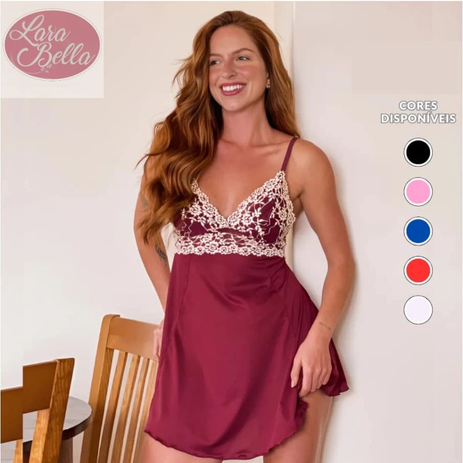 Camisola Feminina Sensual Conforto Sexy Valquiria Renda Bicolor Suede sem Bojo