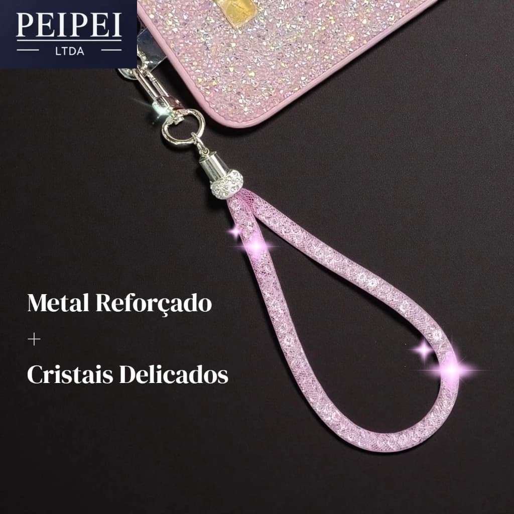 Correias Cordão Pulseira curto c/Diamantes Cristal Interior para Capinha Celular Chaveiro Anti-Queda