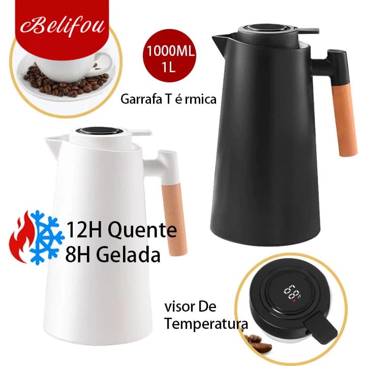 Belifou Garrafa Térmica 1 Litro Termômetro Led Para Chás / Café Nórdica Design Moderno Cabo Madeira