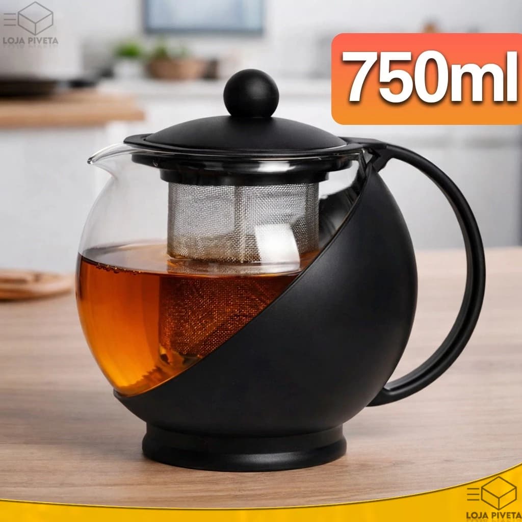 Chaleira Com Infusor Inox 750ml Jarra Bule de Vidro Com Coador de Chá Elegante Premium