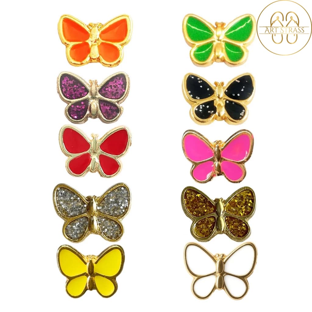 Kit 10 Pingentes Borboleta P Resinada Para Chinelos De Metal Em Banho Dourado