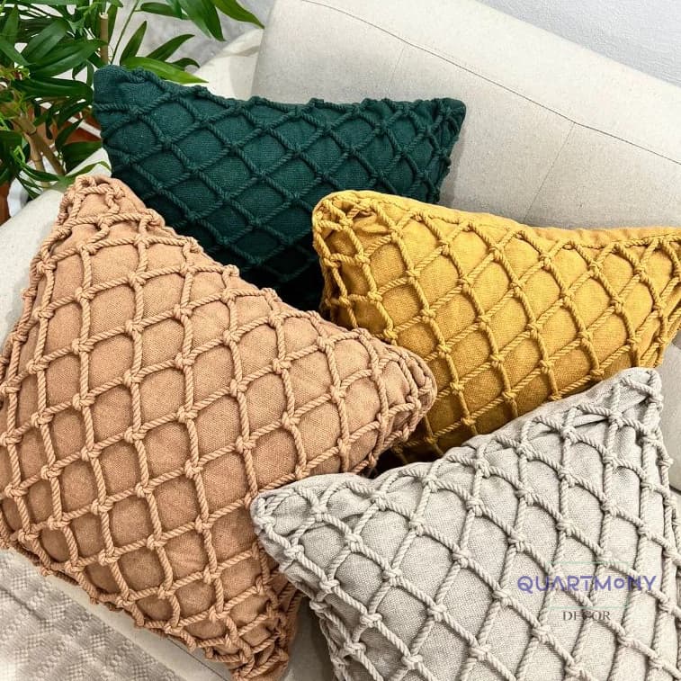 Capa Almofada Cordão Trançada Decorativa Rustica  Artesanal Verde Musgo Crú Caramelo Areia Carnaval