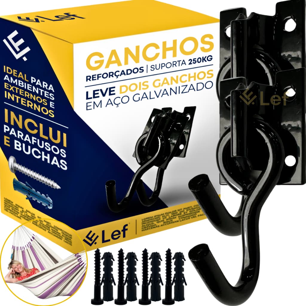 Kit Gancho Rede Descanso Lef Parede Não Enferruja Reforçado E Robusto 3/8 250kg