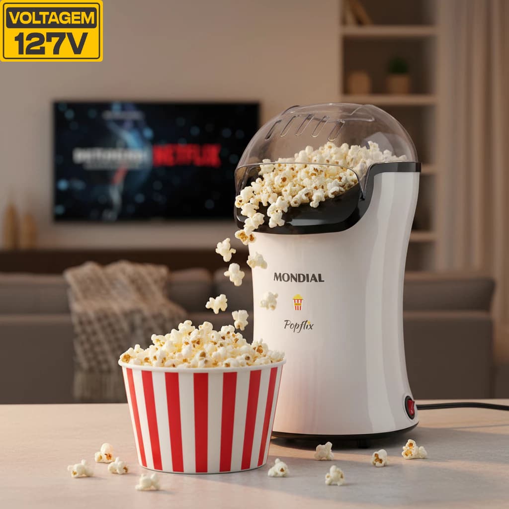 Pipoqueira elétrica com bico direcionador 1200 watts branco- PopFlix - Mondial127v