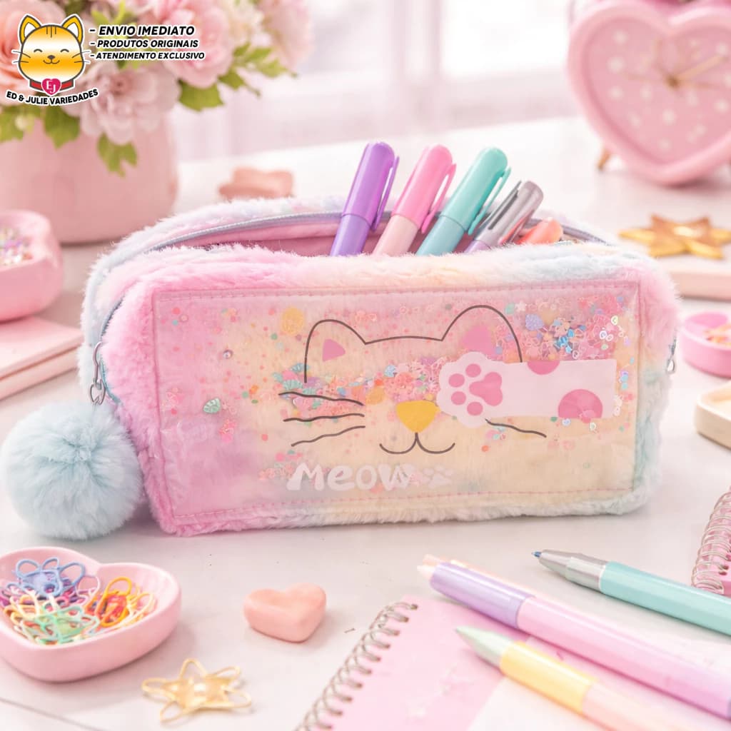 Estojo Nécessaire Gatinho Meow Colorido de Pelúcia com Pompom - Multicolor