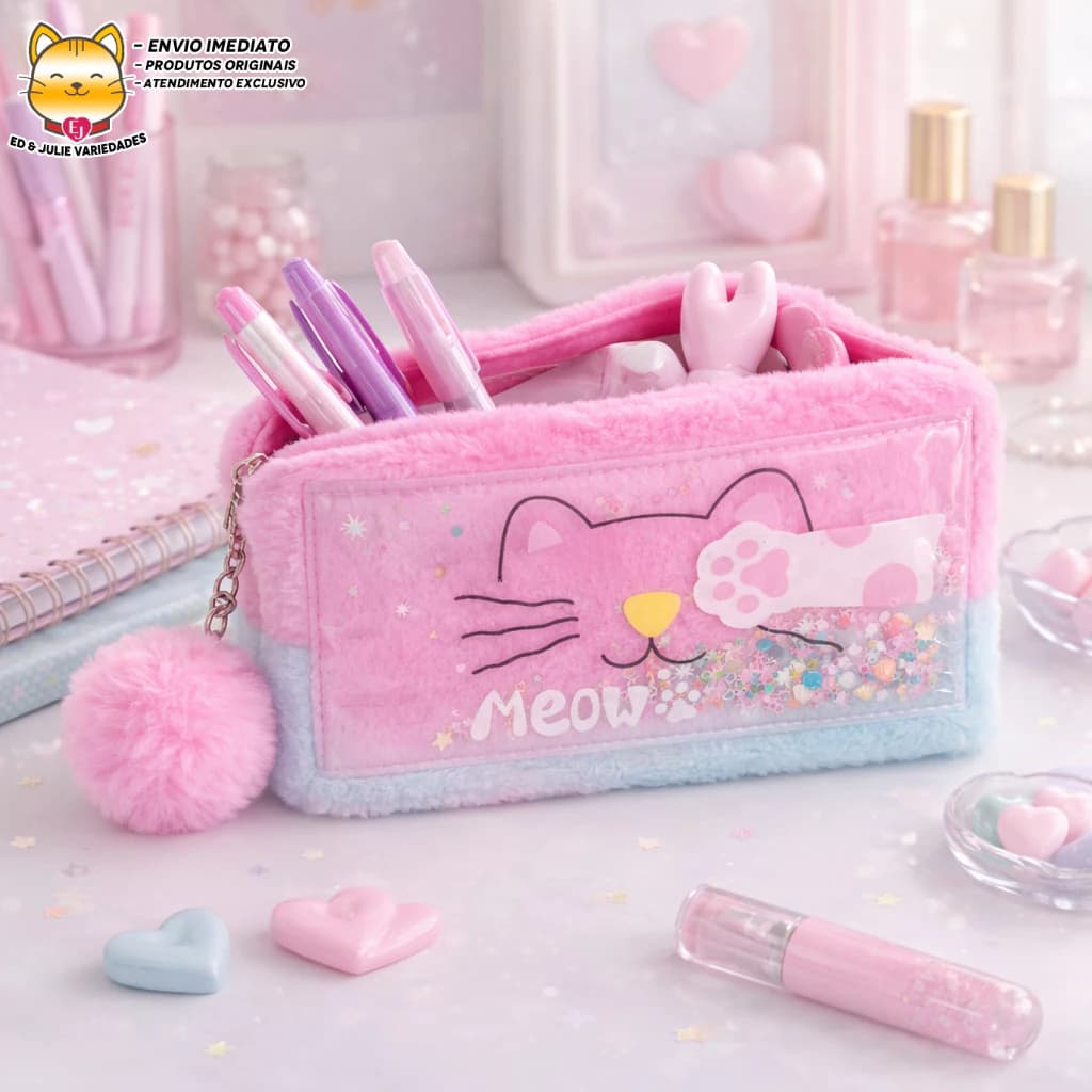Estojo Nécessaire Gatinho Meow Colorido de Pelúcia com Pompom - Degradê Azul e Rosa