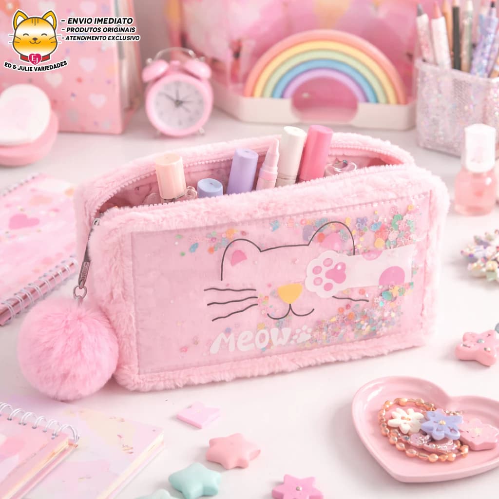 Estojo Nécessaire Gatinho Meow Colorido de Pelúcia com Pompom - Rosa