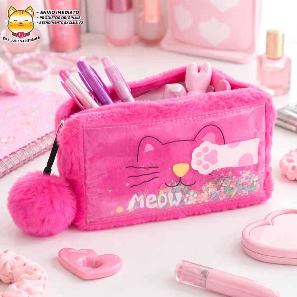 Estojo Nécessaire Gatinho Meow Colorido de Pelúcia com Pompom - Pink