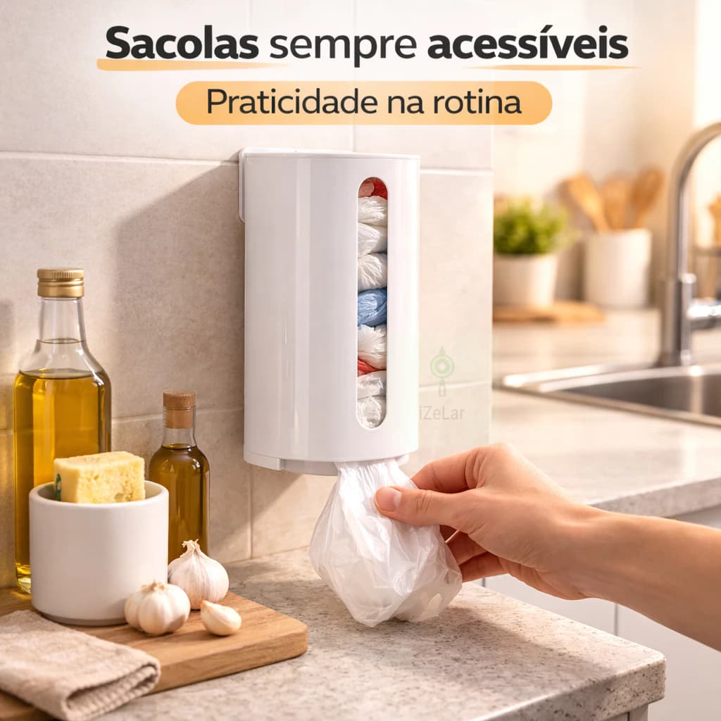 Porta Sacolas de Parede Compacto - Puxa Saco para Cozinha - Dispenser de Parede, Porta Sacola Branco