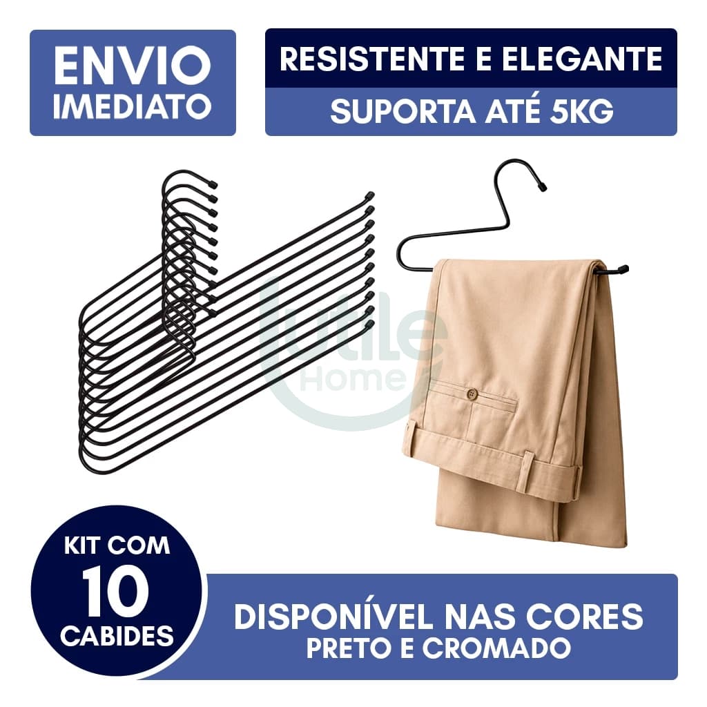 Kit 10 Cabides Calça Aberto Calceiro Resistente Elegante Luxo Aço Carbono Aramado 5kg Preto