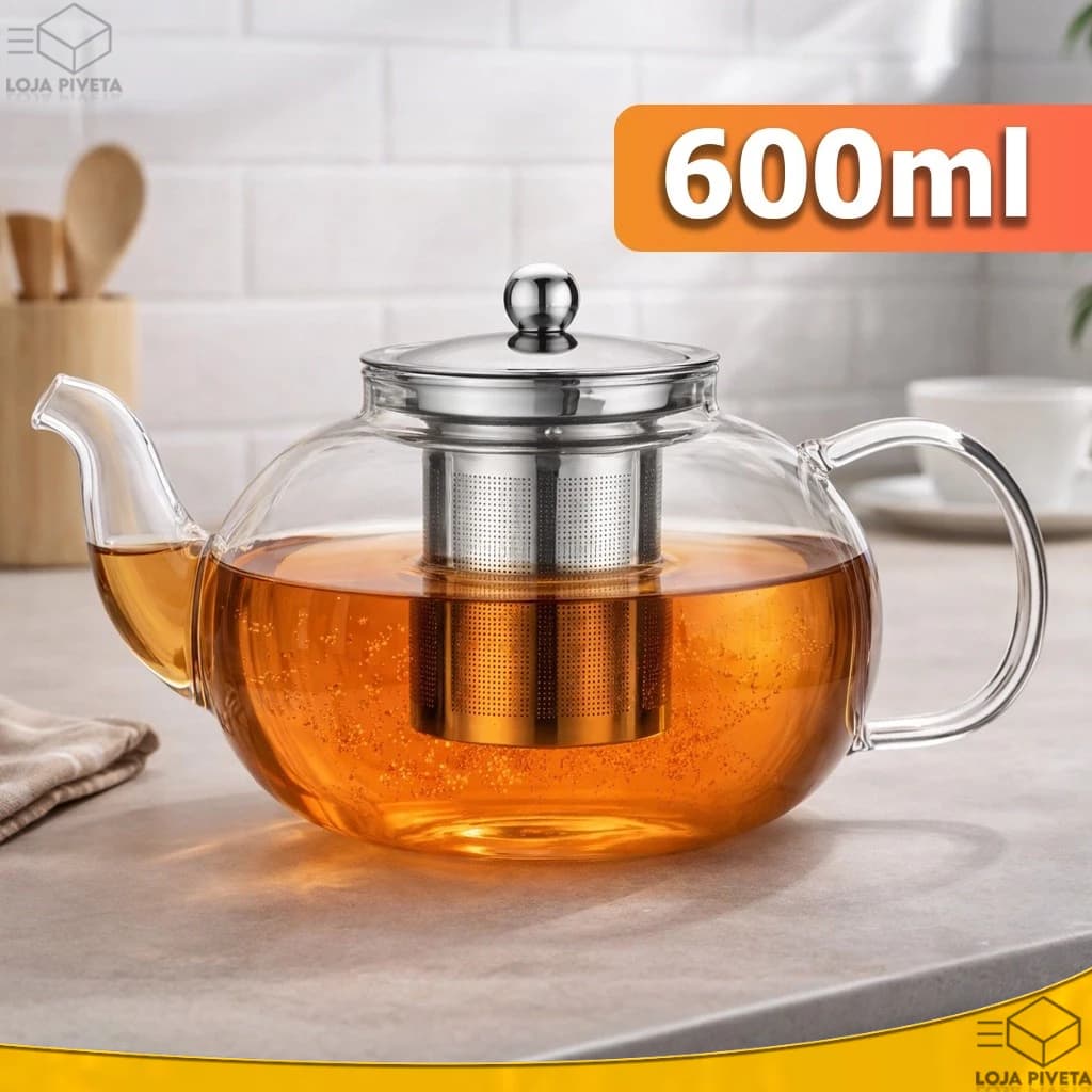 Bule Chaleira de Vidro Borossilicato 600ml Com Tampa e Infusor de Aço Inox Para Servir Chá Elegante