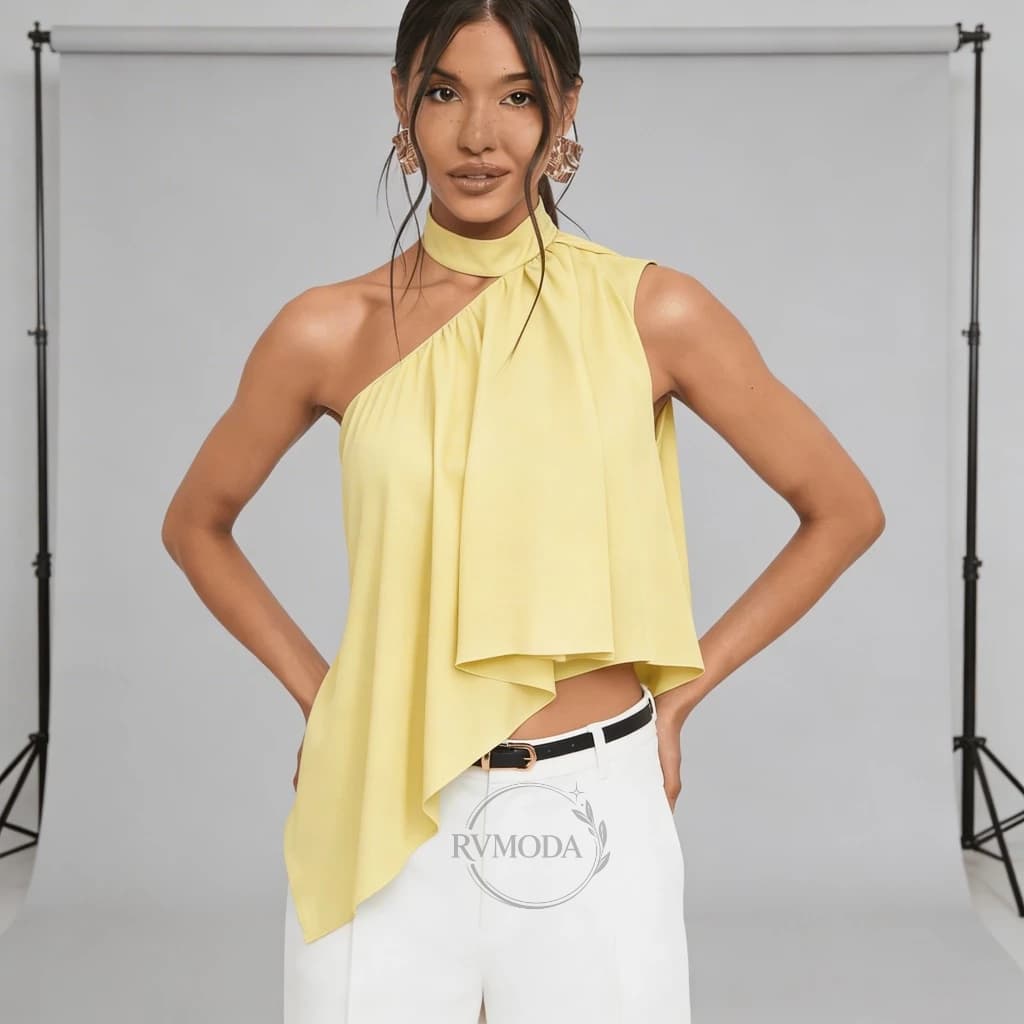 Blusa Feminina Um Ombro Só Assimétrica Gola Choker Boho Chic Social Premium Moda Gringa 2026
