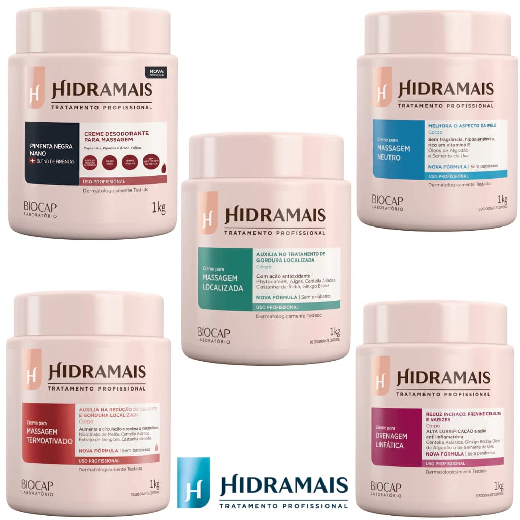 Cremes de Massagem Hidramais 1kg –500g-60G Profissional | Modeladora, Termoativada, Drenagem, Localizada & Neutro