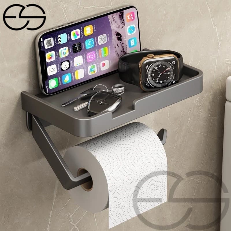 Metal Suporte  Porta Papel Higienico Preto e Suporte para Celular  Com Adesivo  Fixo na Parede Sem Furos ES