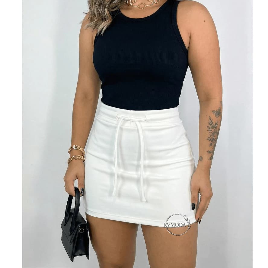 short saia alfaiataria neoprene cintura alta com regulagem tendência verão moda gringa Candy color