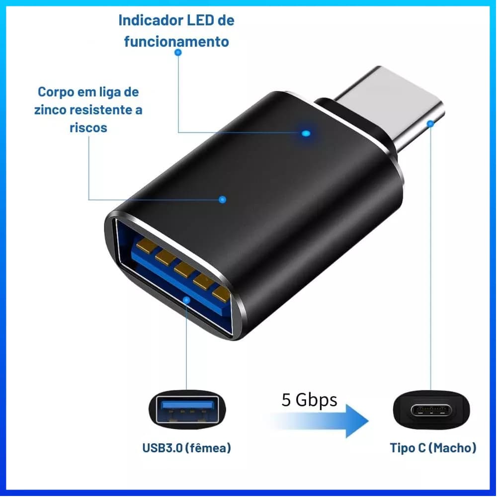 Adaptador OTG USB Tipo C Macho para USB A Fêmea Conversor USB-C para Pendrive Teclado Mouse Celular Tablet Android