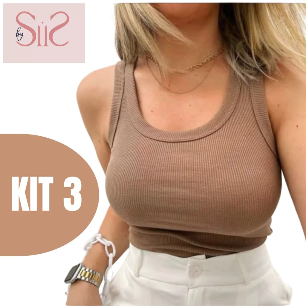 Kit 3 Regatas Femininas Malha Canelada Básica Confortável Lisa Ajuste Perfeito