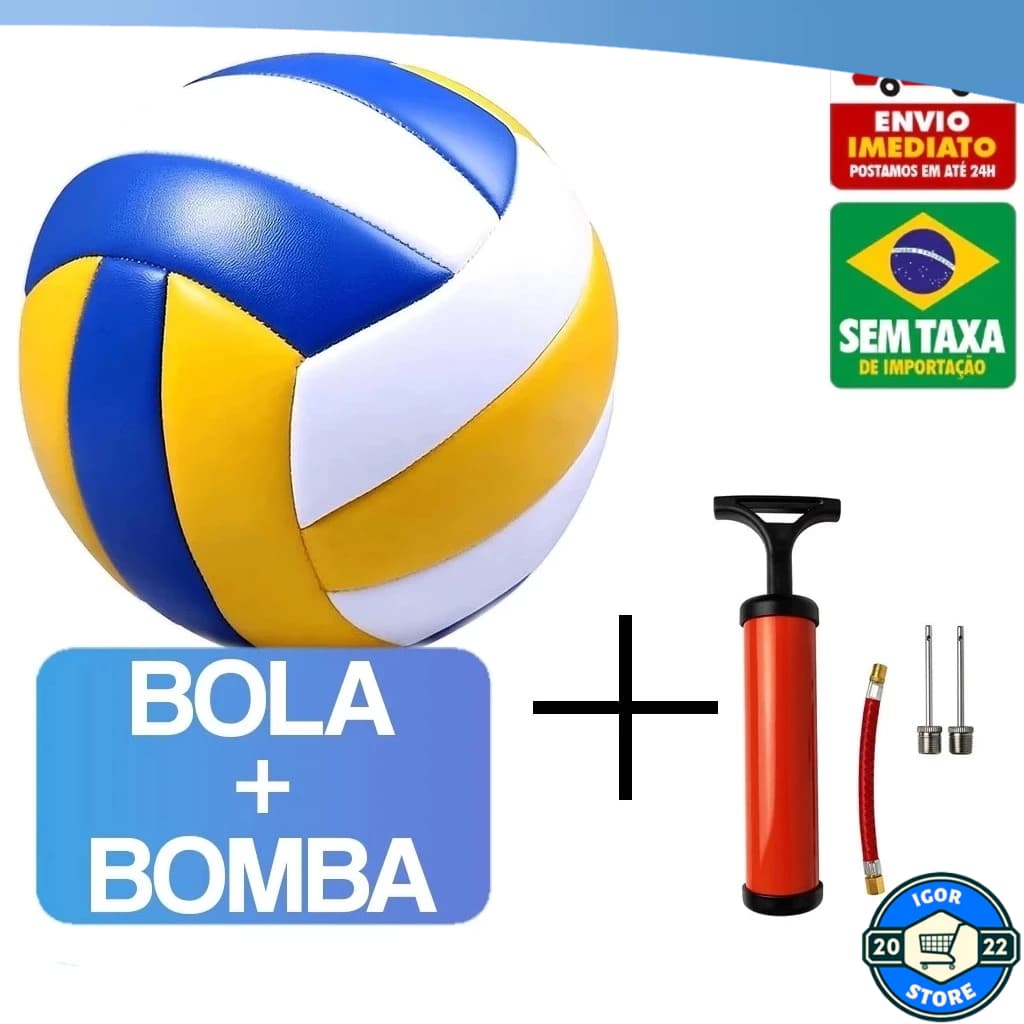 Bola de Volei + Bomba de Encher Ar Quadra Praia Areia Voleibol 22cm Profissional Costurada