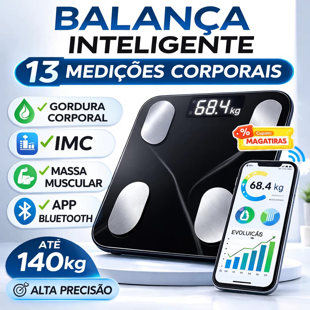 Balança Digital Inteligente Bioimpedância Bluetooth BodySync Pro™ 140kg Com medidor IMC App Fitness