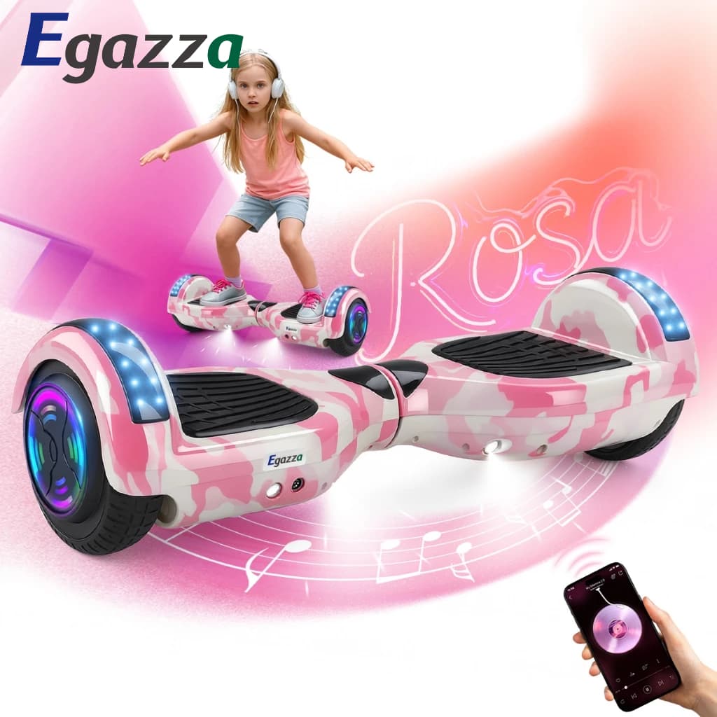 Egazza Rosa Hoverboard Overboard Infantil Skate Elétrico 6.5" Led Bluetooth caixa som Bateria Grande