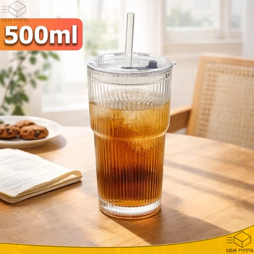 Copo de Vidro Groove Com Tampa e Canudo 500ml Vedação Hermética Reutilizável Água Suco Drink Batidas