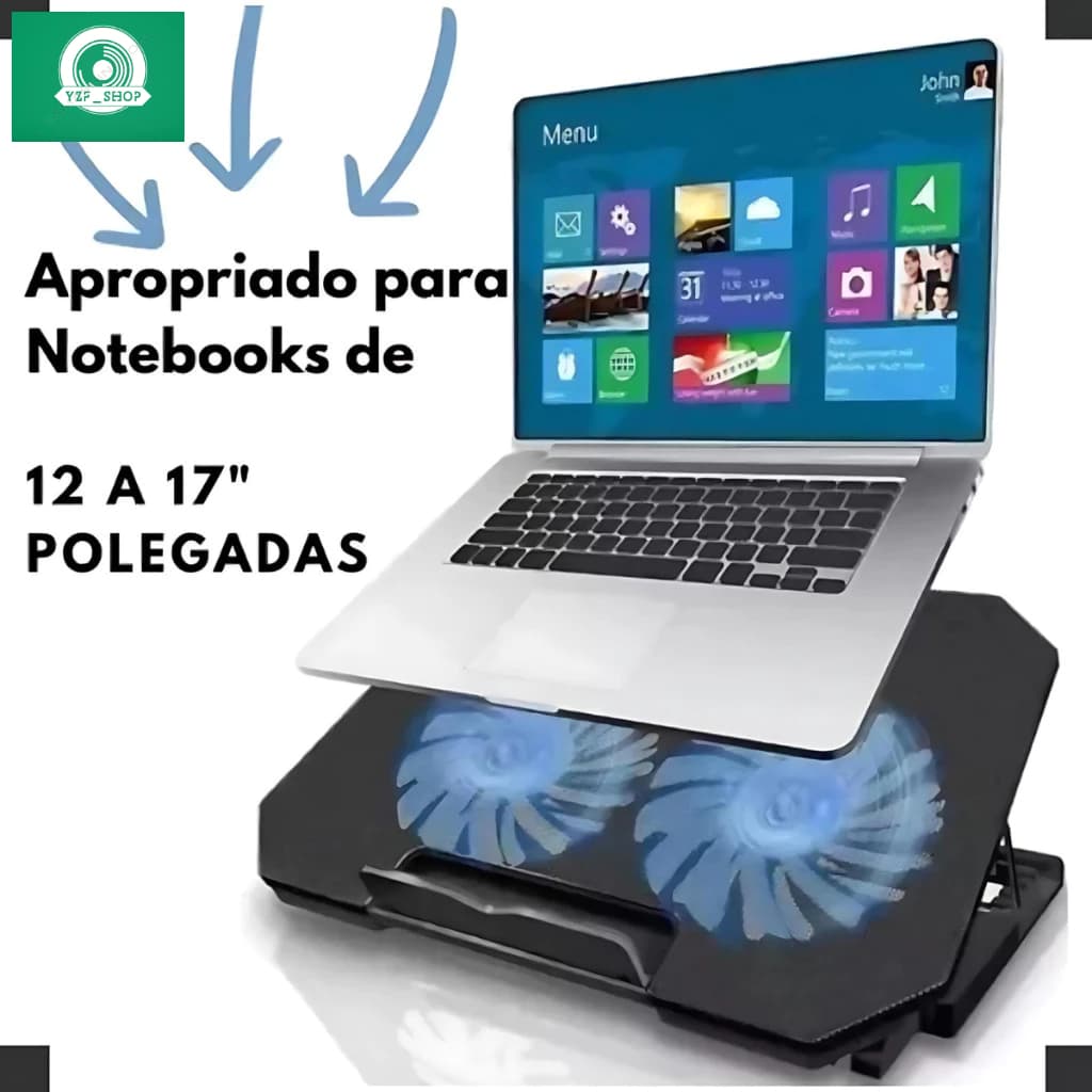 L Suporte Base 2 Coolers Ventoinhas  Notebook Ventilação Silenciosa Ajustável Até 17 Pol Usb Cor Preto