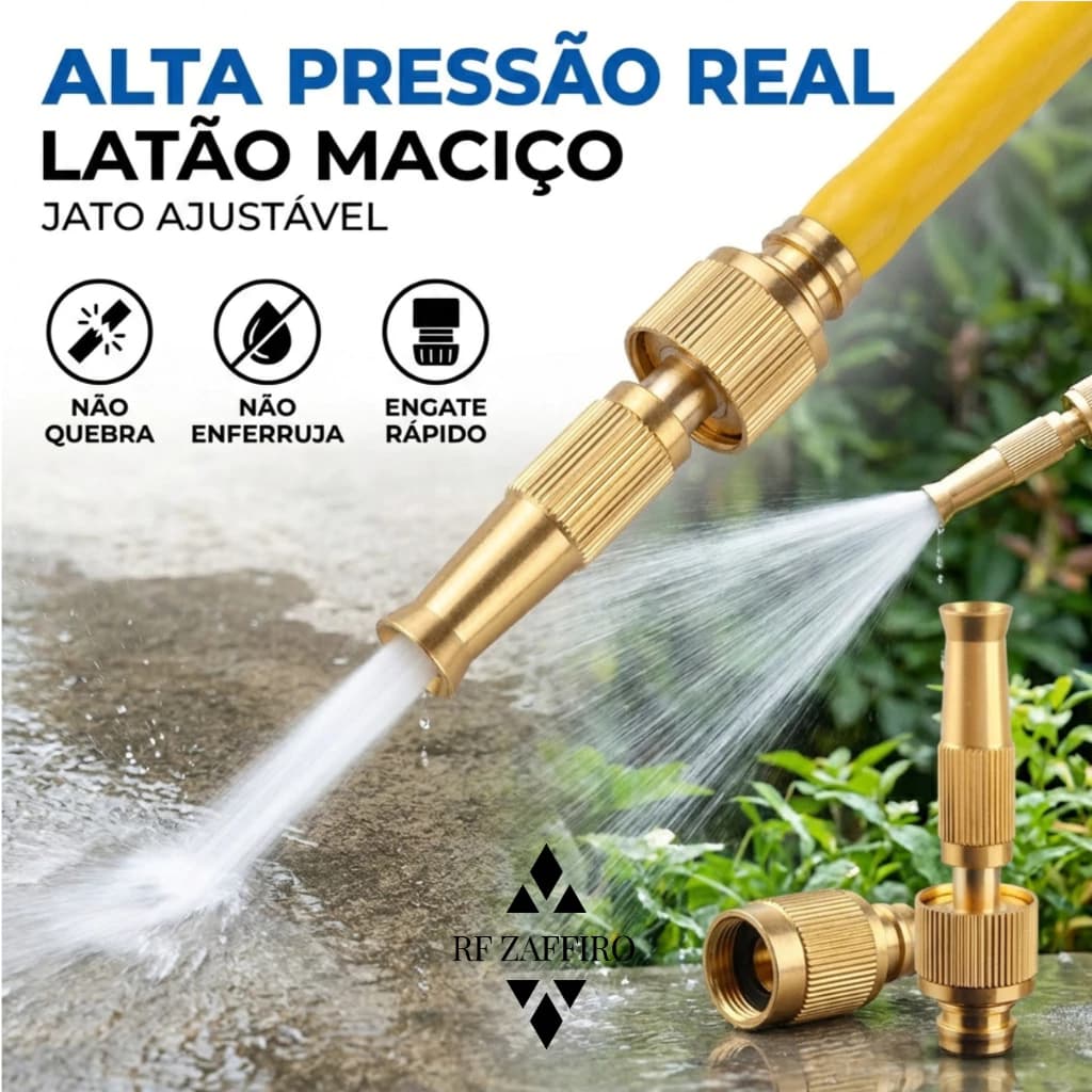 Bico de Mangueira Premium em Latão Maciço Alta Pressão com Regulagem de Jato e Engate Rápido 1/2