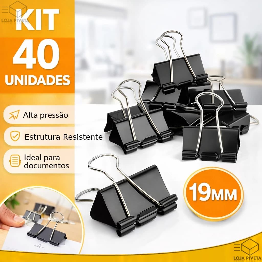 Kit 40 Und Grampos Prendedor Clips Binder Borboleta Papel 19mm Premium FRETE GRÁTIS
