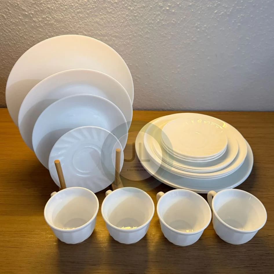 Aparelho de jantar 20 peças completo com xicaras em vidro opaline branco liso