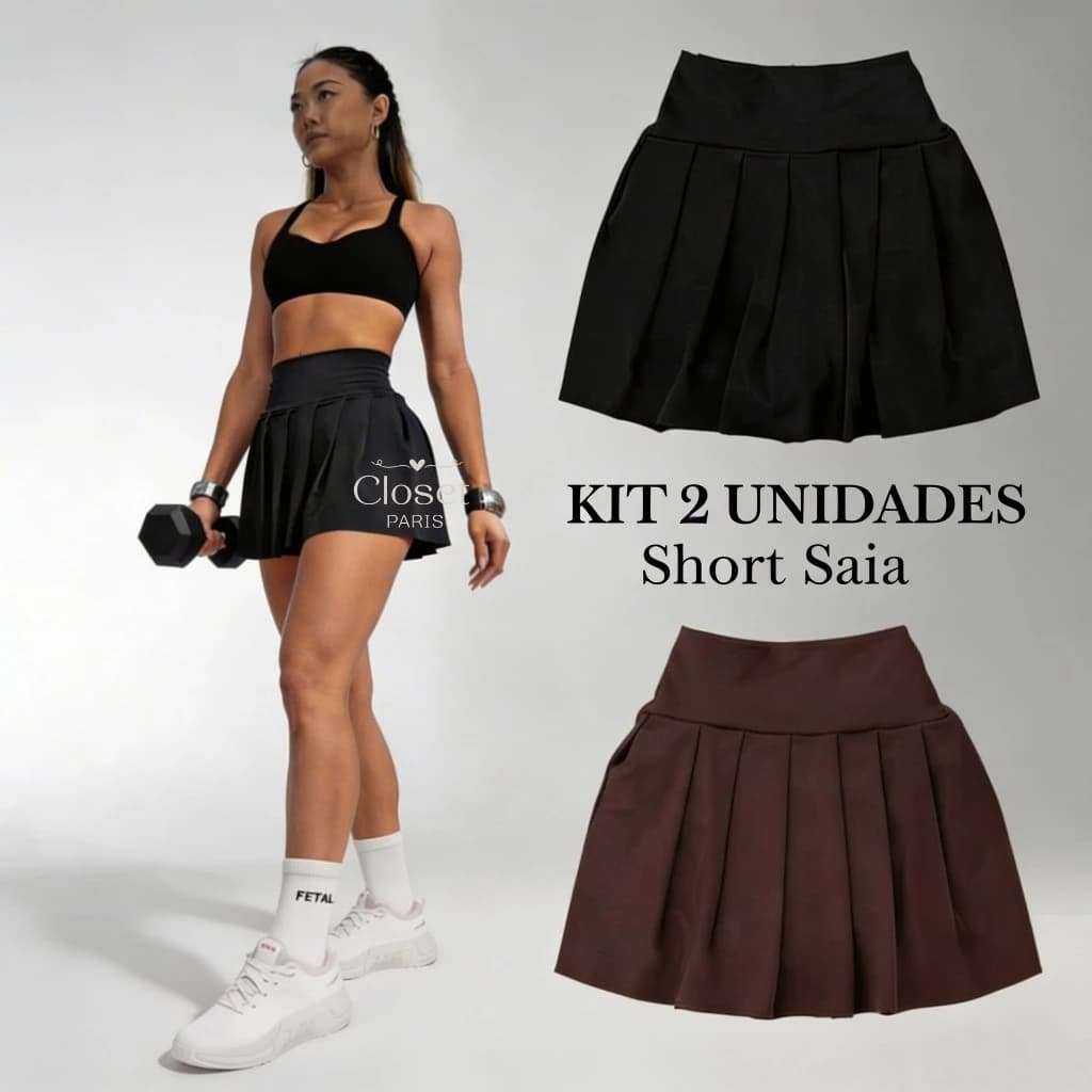 Kit 2 Unidades Short Saia Cintura Alta Plissada Mini Uso Diário e Casual Academia Fitness Corrida Confortável 2026