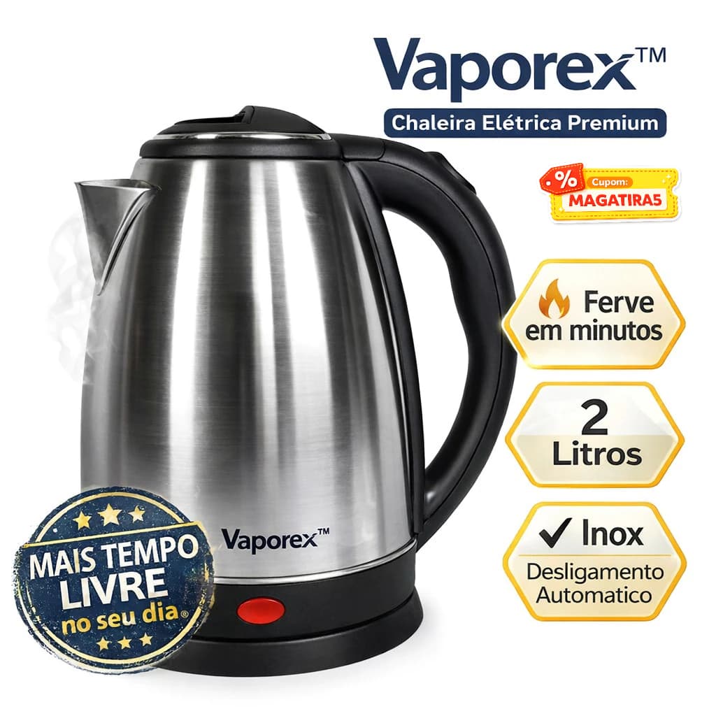 Chaleira Elétrica Inox 2L Vaporex Ferve Água Rápido Desligamento Automático 127V / 220V