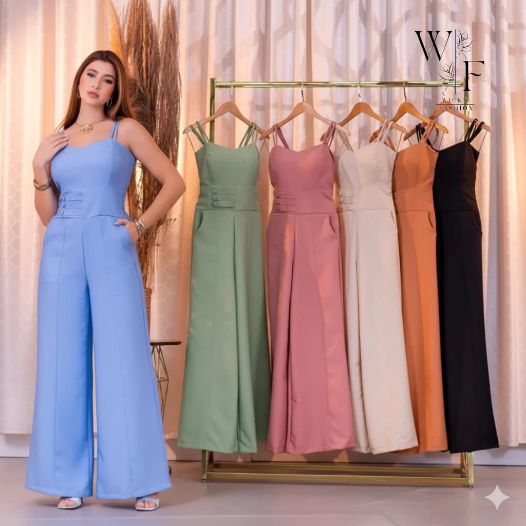 Macacão Pantalona Feminino Alfaiataria Alça Fina Elegante com Botões na Frente